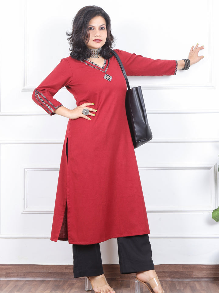 Khawb Berry Red V Neck Lace With Thread Work Cotton Flex Kurti