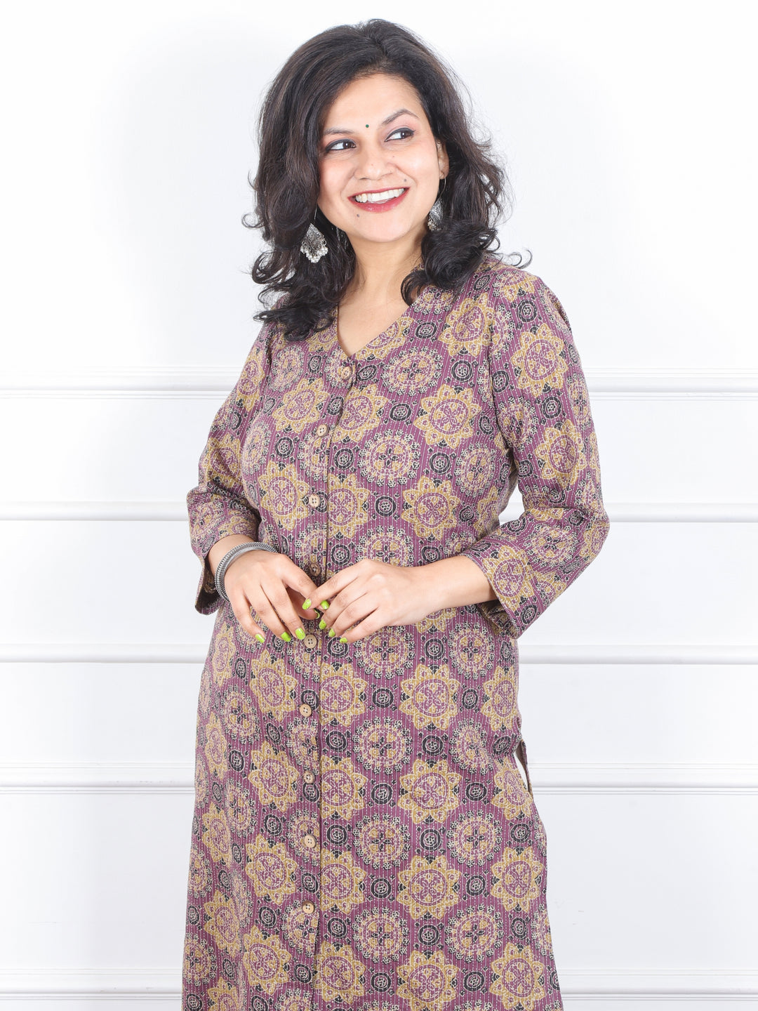 Khawb Berry Purple Ajrak Printed in Kantha with Button Work Cotton Kurti