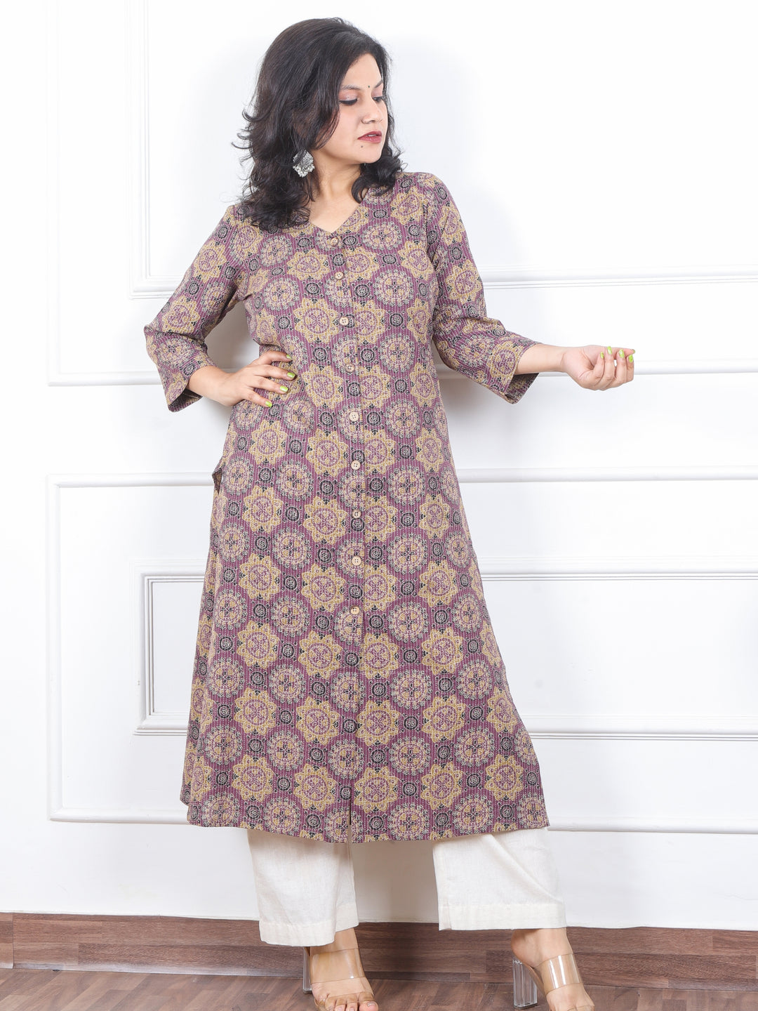 Khawb Berry Purple Ajrak Printed in Kantha with Button Work Cotton Kurti