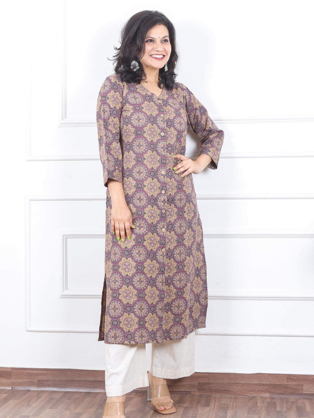 Khawb Berry Purple Ajrak Printed in Kantha with Button Work Cotton Kurti