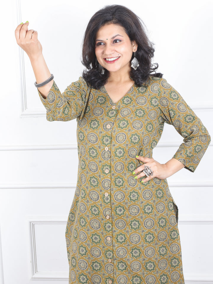 Khawb Fern Green Ajrak Printed in Kantha with Button Work Cotton Kurti