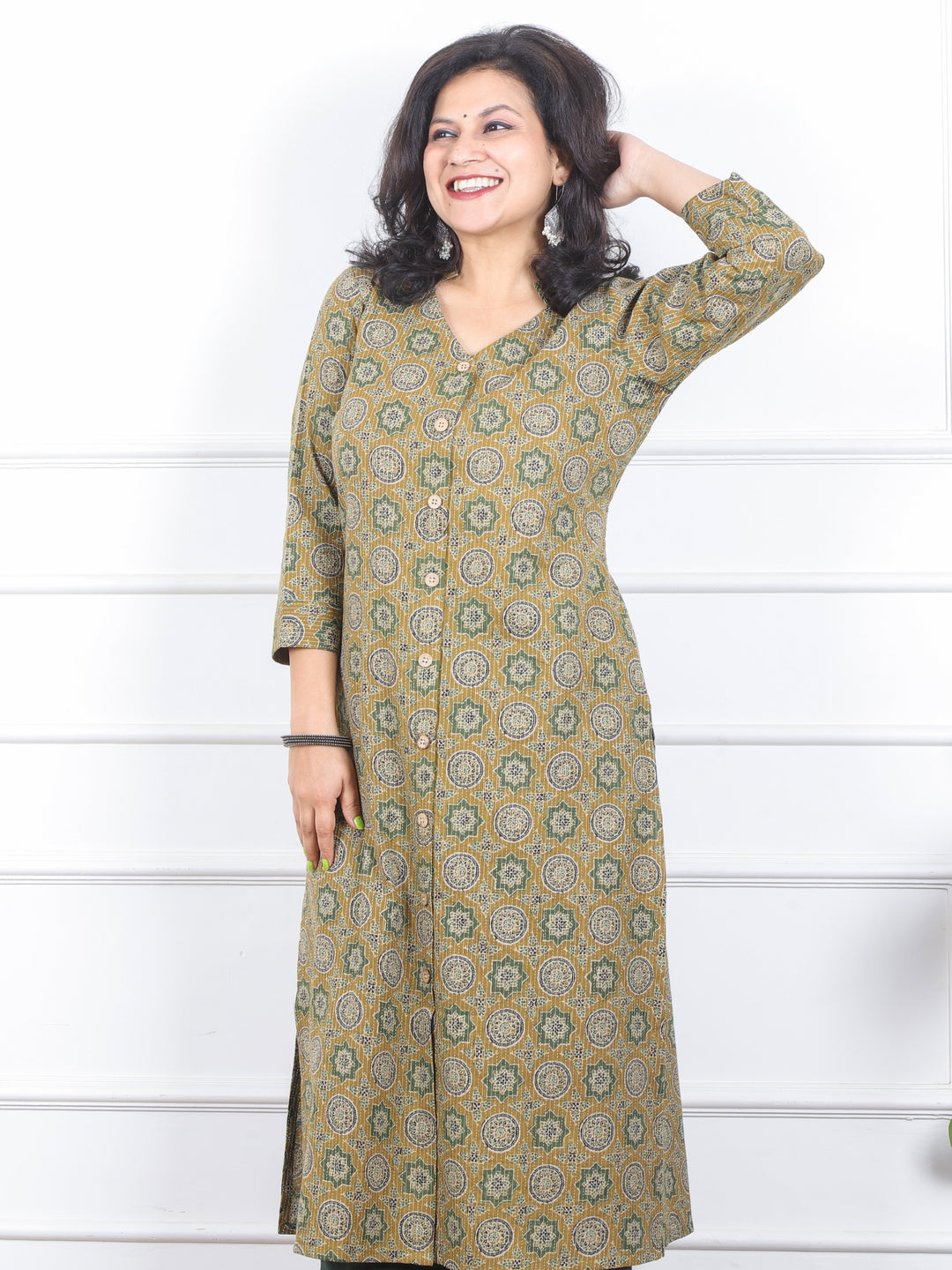 Khawb Fern Green Ajrak Printed in Kantha with Button Work Cotton Kurti