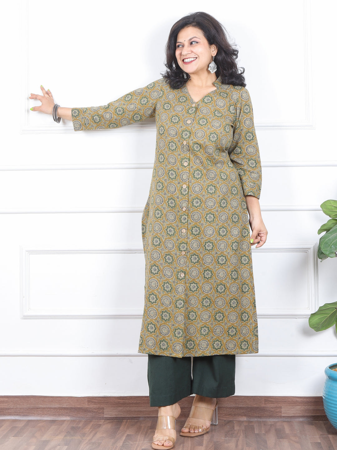 Khawb Fern Green Ajrak Printed in Kantha with Button Work Cotton Kurti