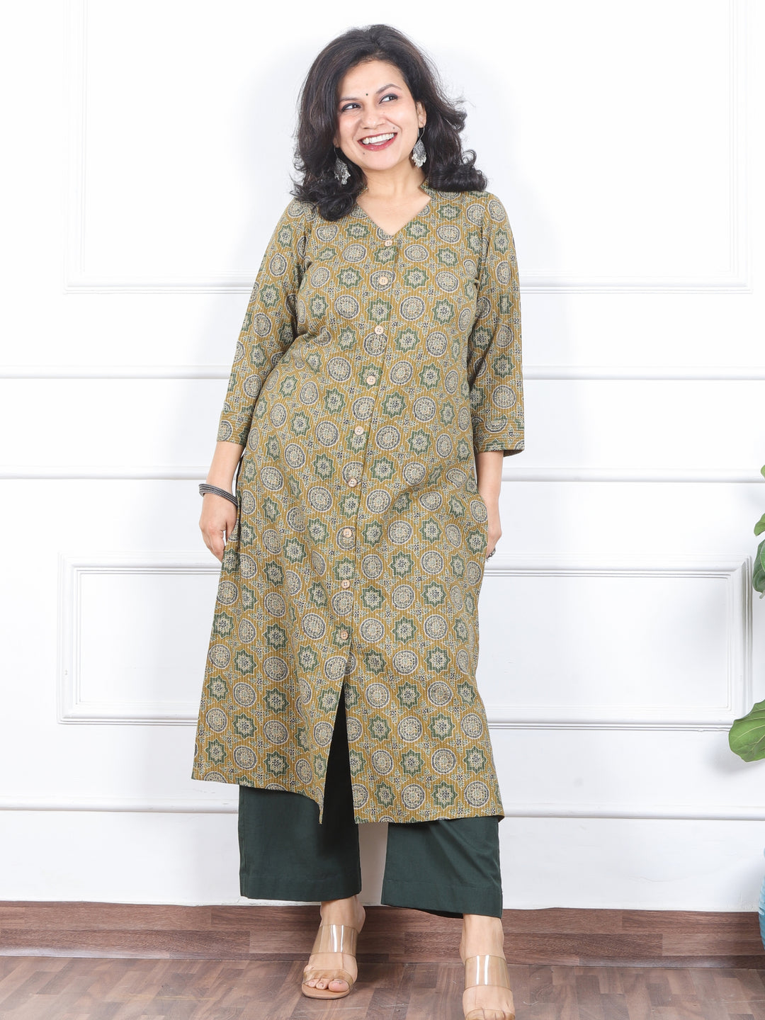 Khawb Fern Green Ajrak Printed in Kantha with Button Work Cotton Kurti