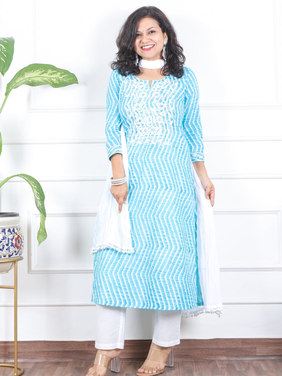 Lehrayi Aqua Teal Leheriya Print Thread Embroidered Work Cotton 3 Piece Set