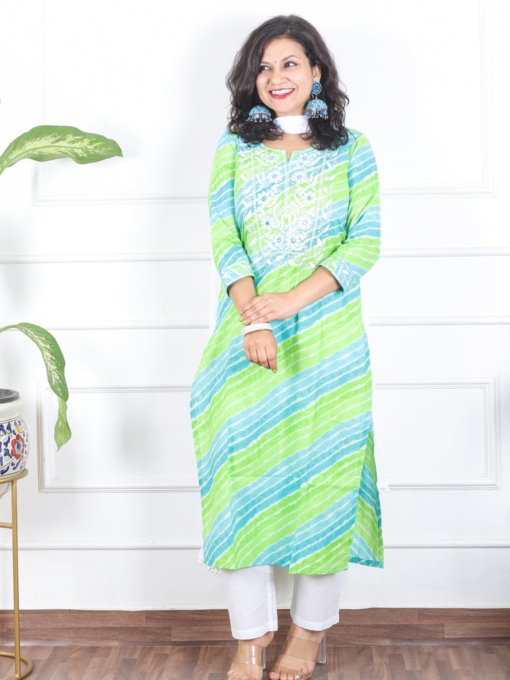 Lehrayi Mint Green Leheriya Print Thread Embroidered Work Cotton 3 Piece Set