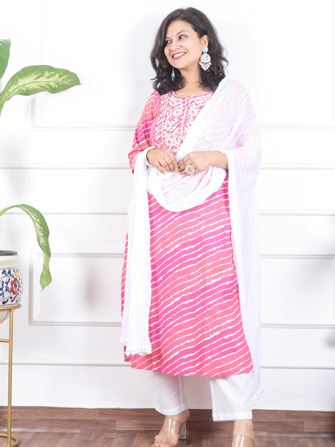 Lehrayi Fruity Pink Leheriya Print Thread Embroidered Work Cotton 3 Piece Set