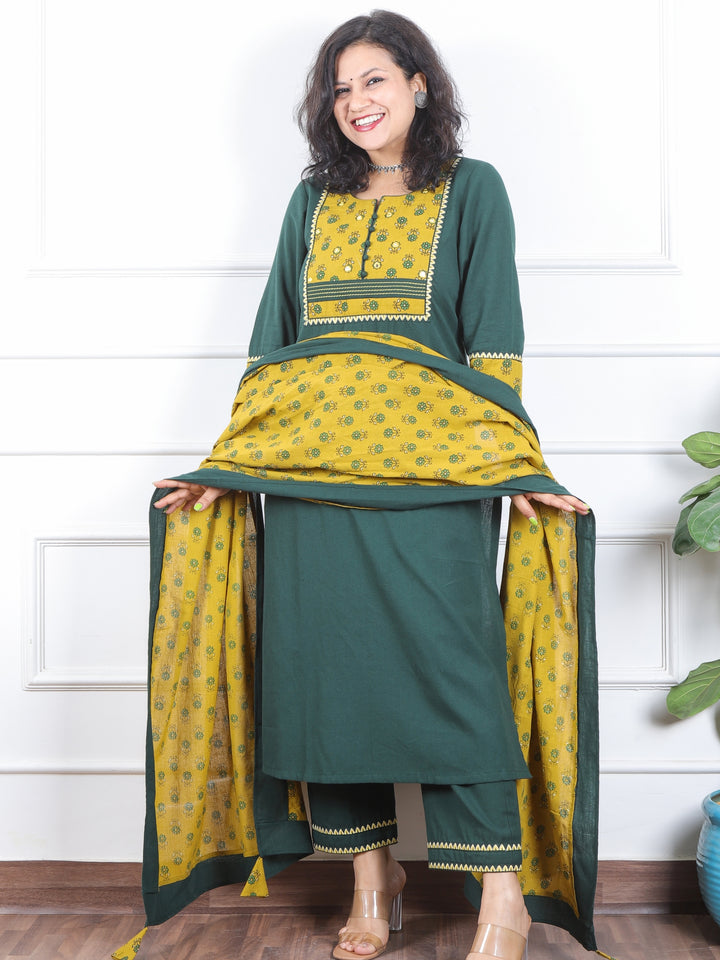 Dilbara Sacramento Green Ajrak Printed Patch Neck Cotton Flex 3 Piece Set