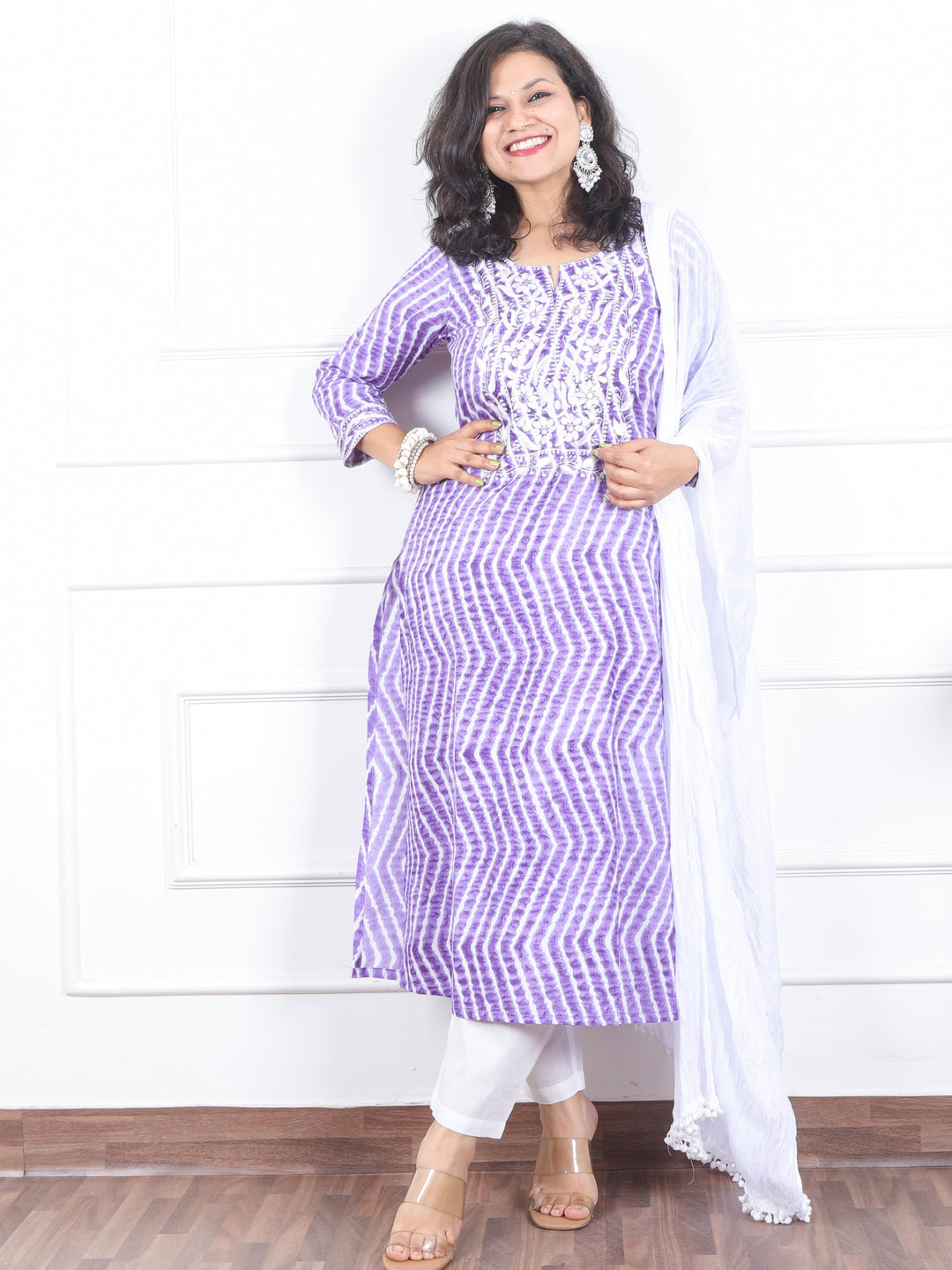 Lehrayi Tulip Lilac Leheriya Print Thread Embroidered Work Cotton 3 Piece Set