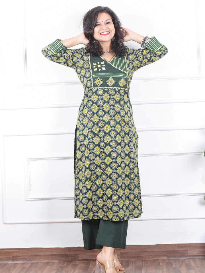 Dilbara Pine Bottle Green Angrakha Neck with Mirror Ajrak Printed Cotton Kurti