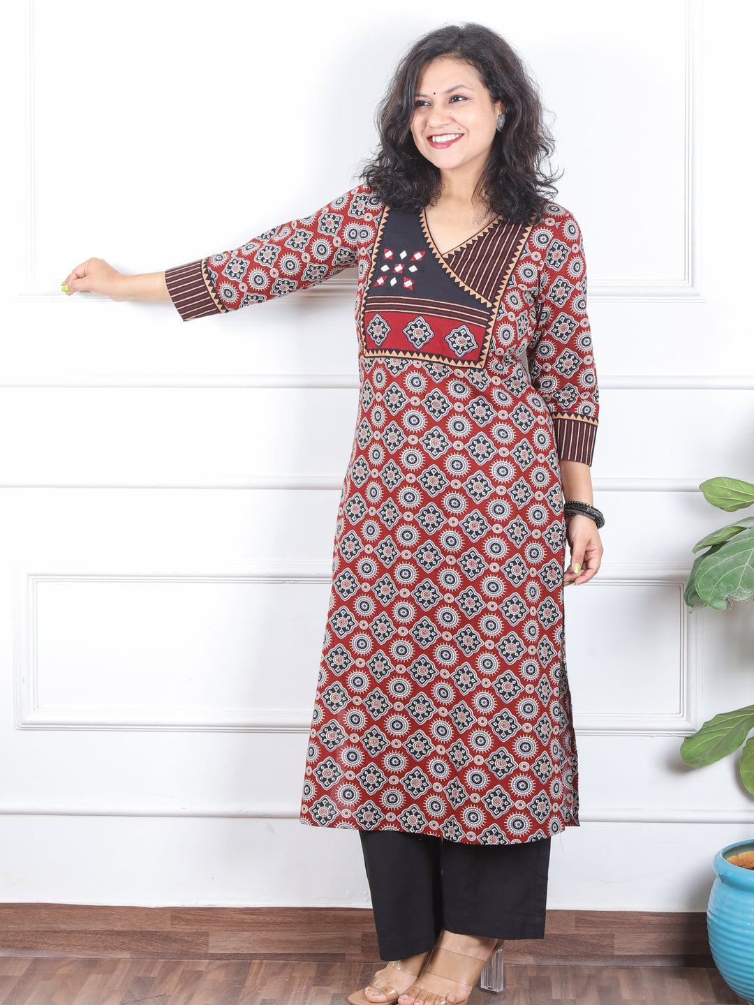 Dilbara Ruby Red Angrakha Neck with Mirror Ajrak Printed Cotton Kurti