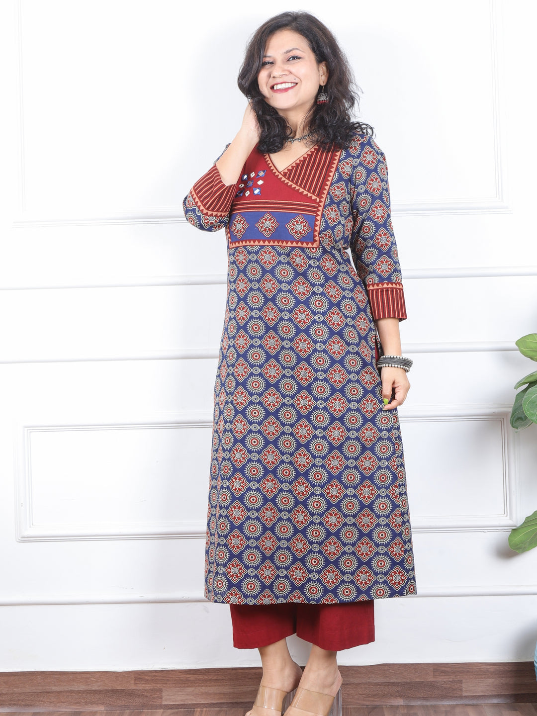 Dilbara Indie Blue Angrakha Neck with Mirror Ajrak Printed Cotton Kurti