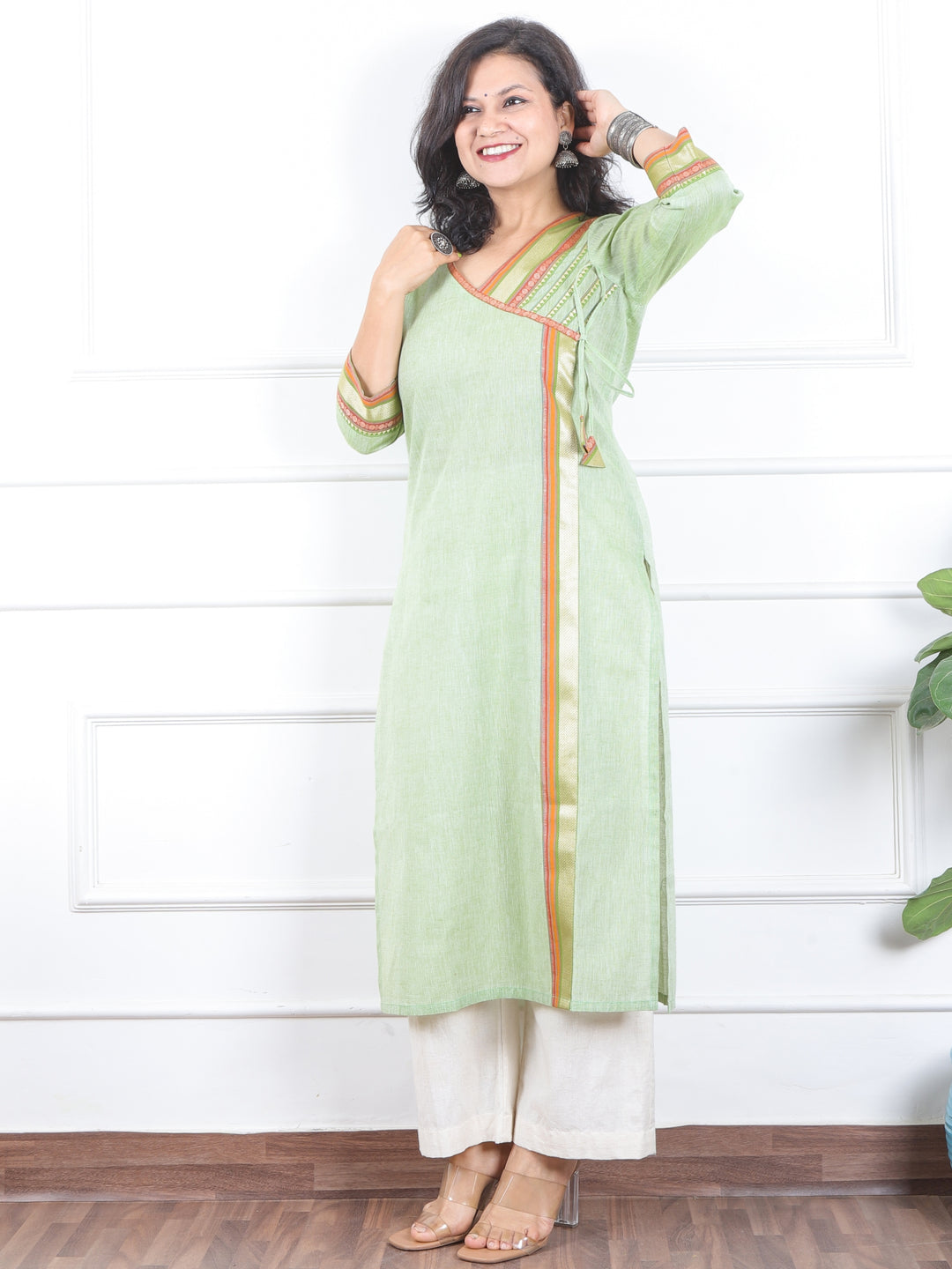 Dilbaar Mint Green Angrakha Long Neck with Lace Work South Cotton Kurti