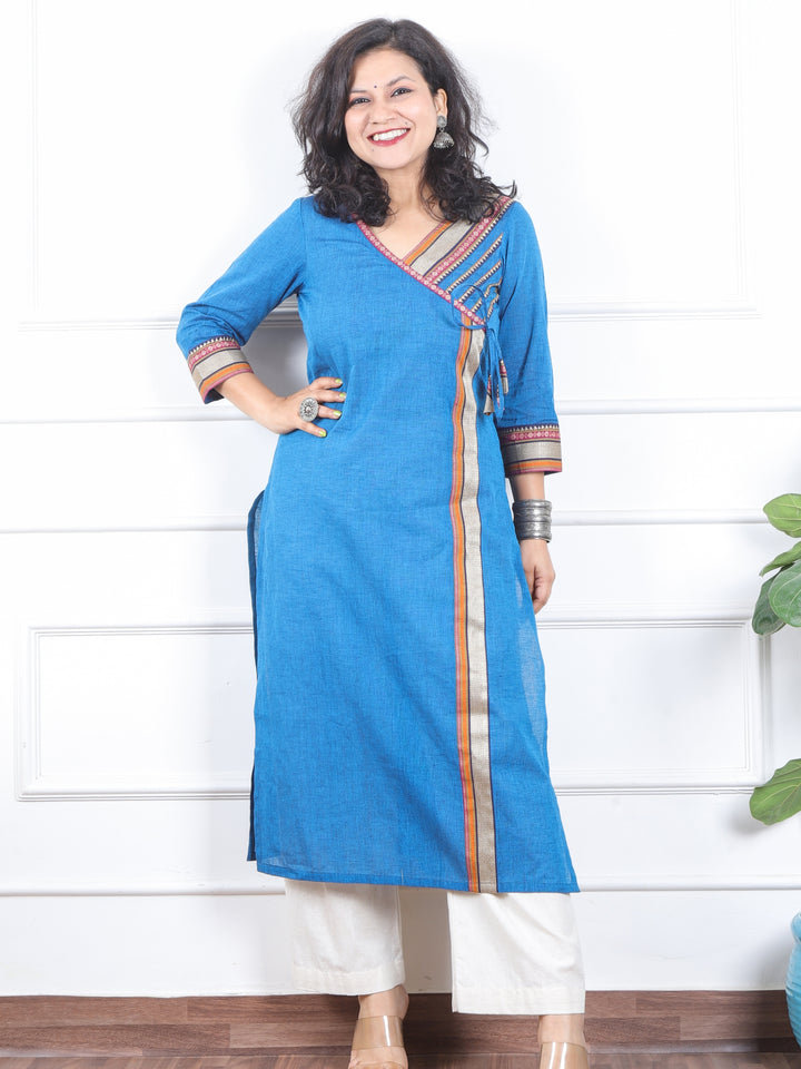 Dilbaar Royal Blue Angrakha Long Neck with Lace Work South Cotton Kurti