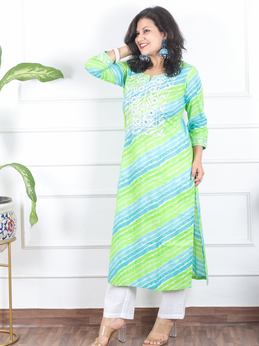 Lehrayi Mint Green Leheriya Print Thread Embroidered Work Cotton Kurti