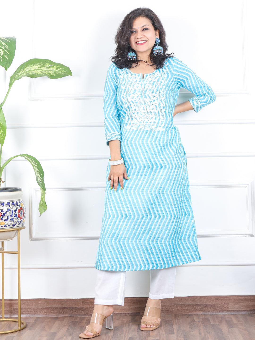 Lehrayi Aqua Teal Leheriya Print Thread Embroidered Work Cotton 3 Piece Set