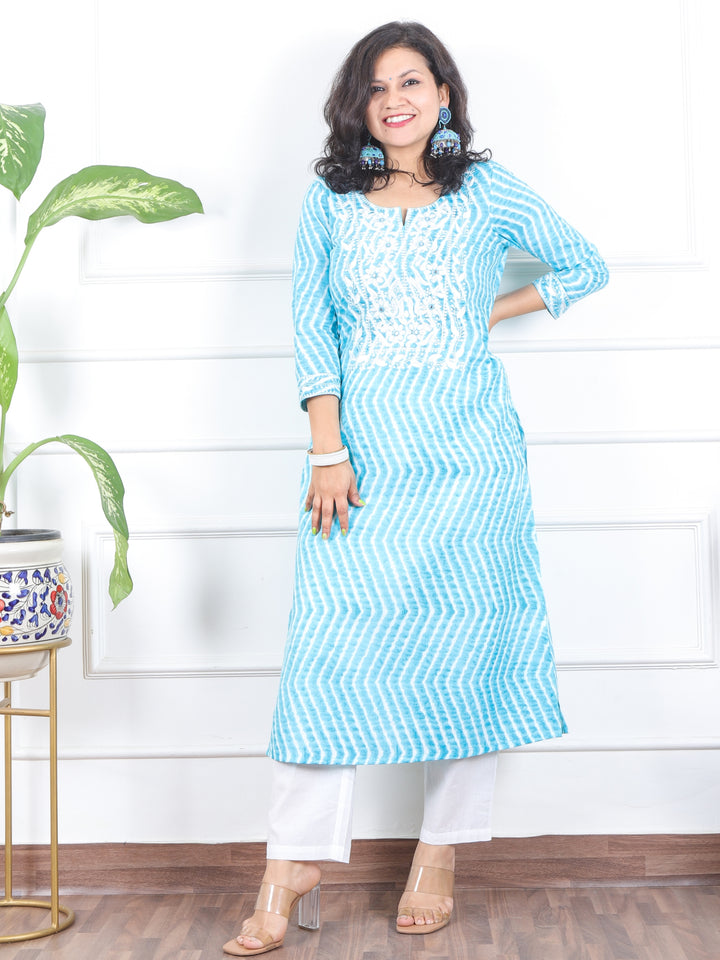 Lehrayi Aqua Teal Leheriya Print Thread Embroidered Work Cotton Kurti