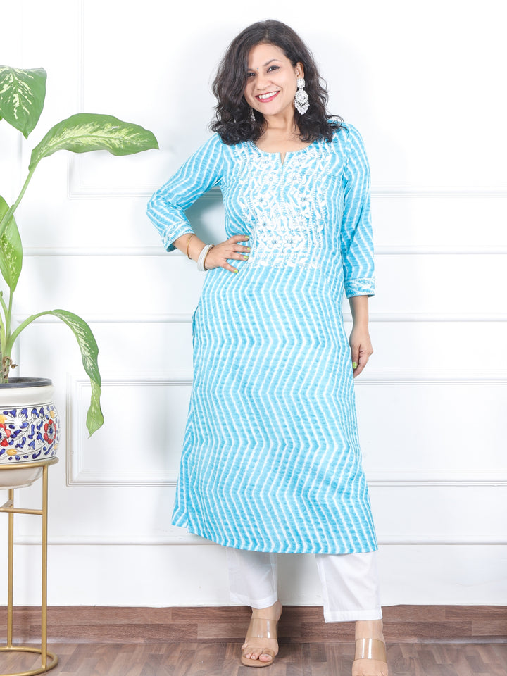 Lehrayi Aqua Teal Leheriya Print Thread Embroidered Work Cotton Kurti