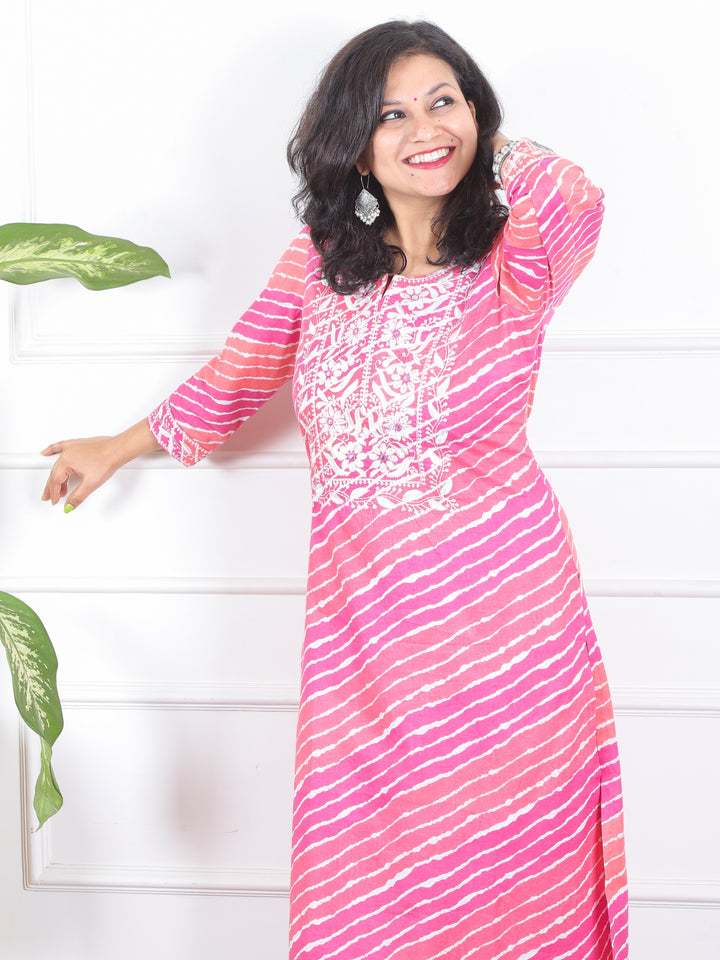 Lehrayi Fruity Pink Leheriya Print Thread Embroidered Work Cotton Kurti