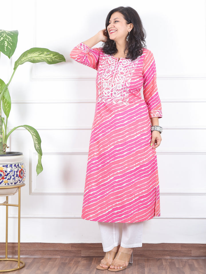 Lehrayi Fruity Pink Leheriya Print Thread Embroidered Work Cotton Kurti