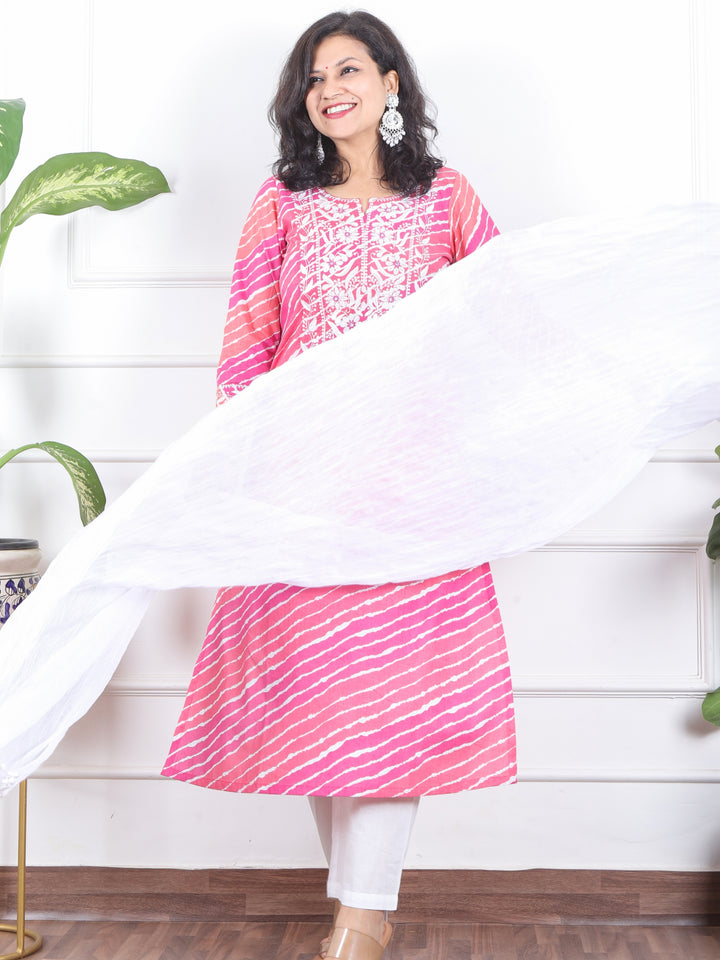 Lehrayi Fruity Pink Leheriya Print Thread Embroidered Work Cotton 3 Piece Set