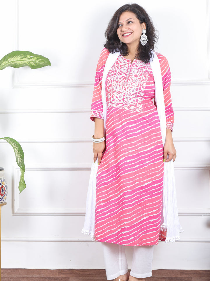 Lehrayi Fruity Pink Leheriya Print Thread Embroidered Work Cotton 3 Piece Set