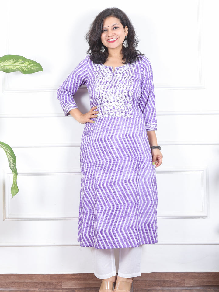 Lehrayi Tulip Lilac Leheriya Print Thread Embroidered Work Cotton Kurti