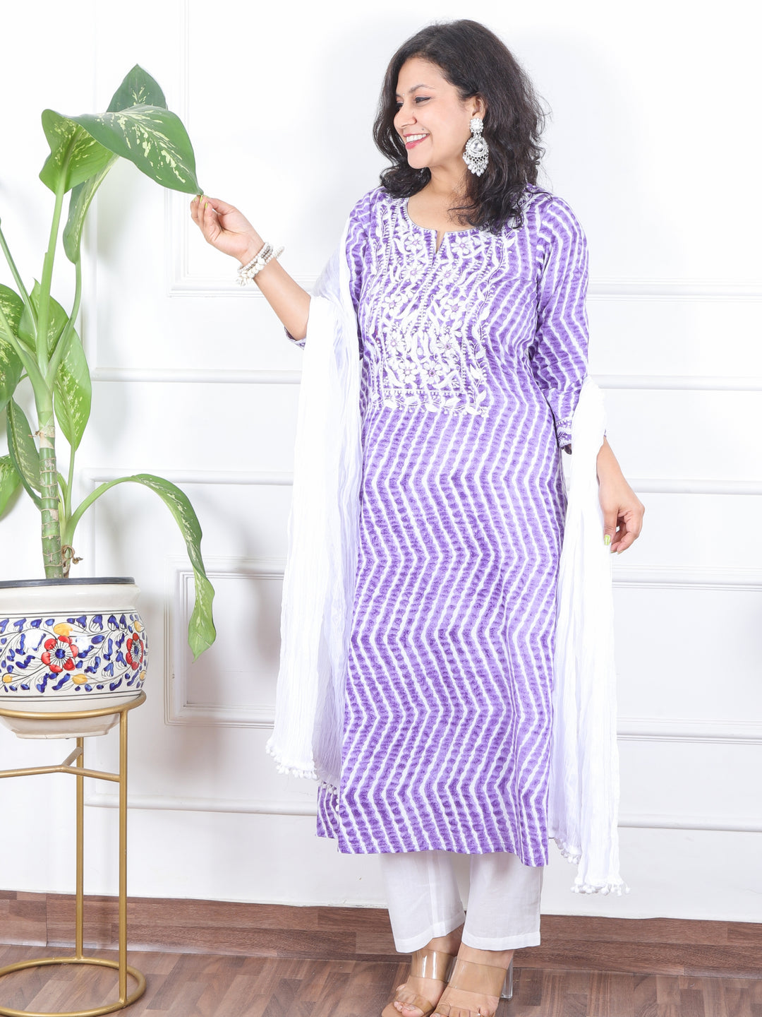 Lehrayi Tulip Lilac Leheriya Print Thread Embroidered Work Cotton 3 Piece Set