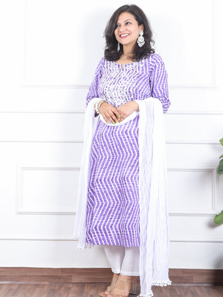 Lehrayi Tulip Lilac Leheriya Print Thread Embroidered Work Cotton 3 Piece Set