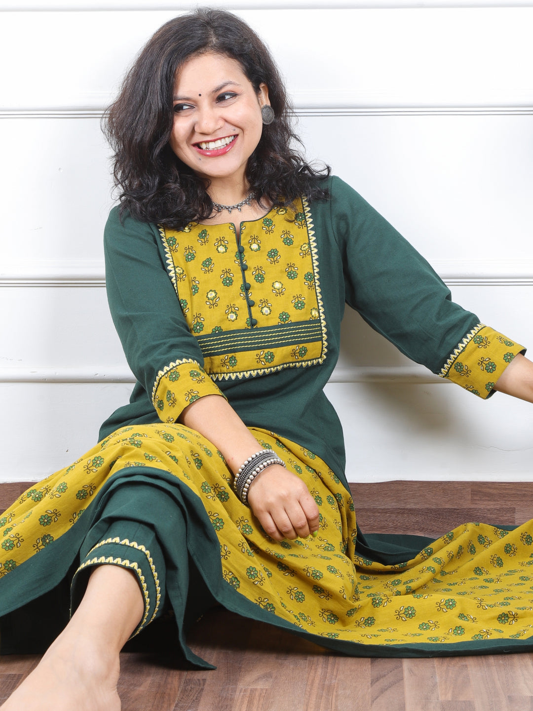 Dilbara Sacramento Green Ajrak Printed Patch Neck Cotton Flex 3 Piece Set