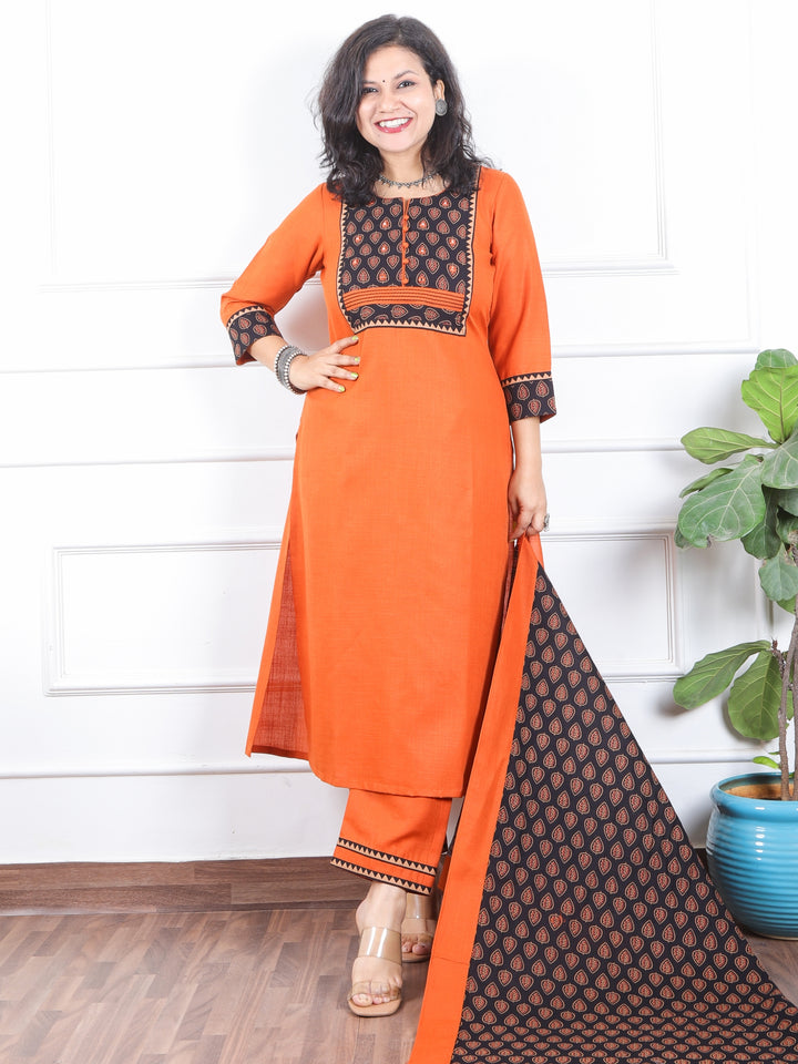 Dilbara Pumpkin Orange Kalamkari Printed Ptch Work Magic Linen 3 Piece Set