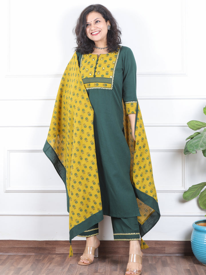 Dilbara Sacramento Green Ajrak Printed Patch Neck Cotton Flex 3 Piece Set