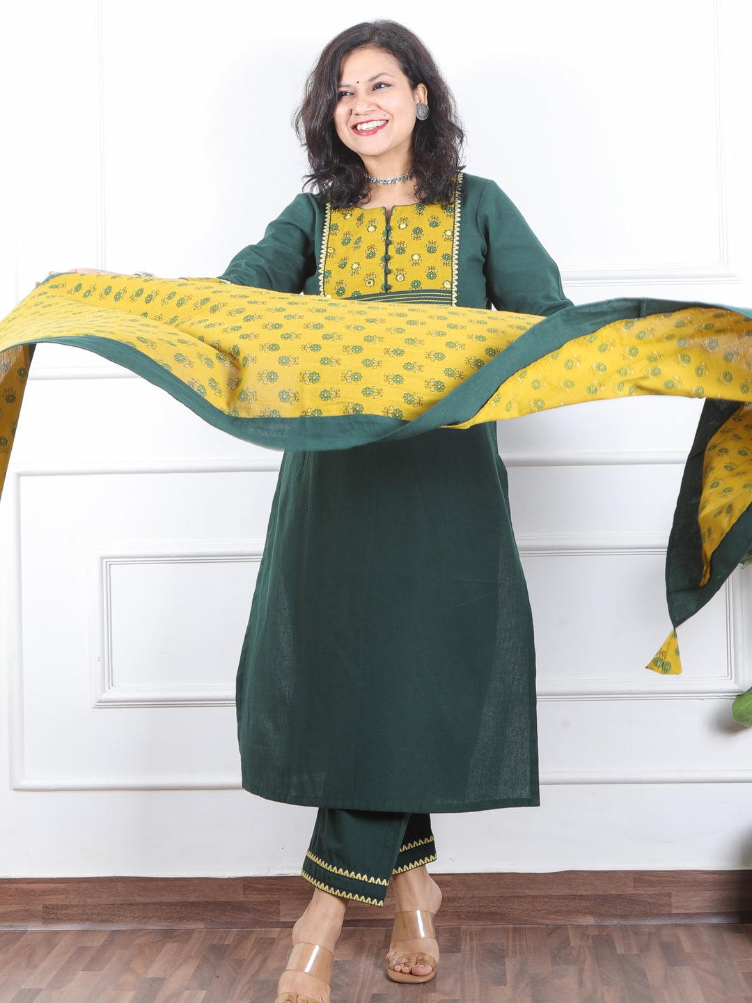 Dilbara Sacramento Green Ajrak Printed Patch Neck Cotton Flex 3 Piece Set