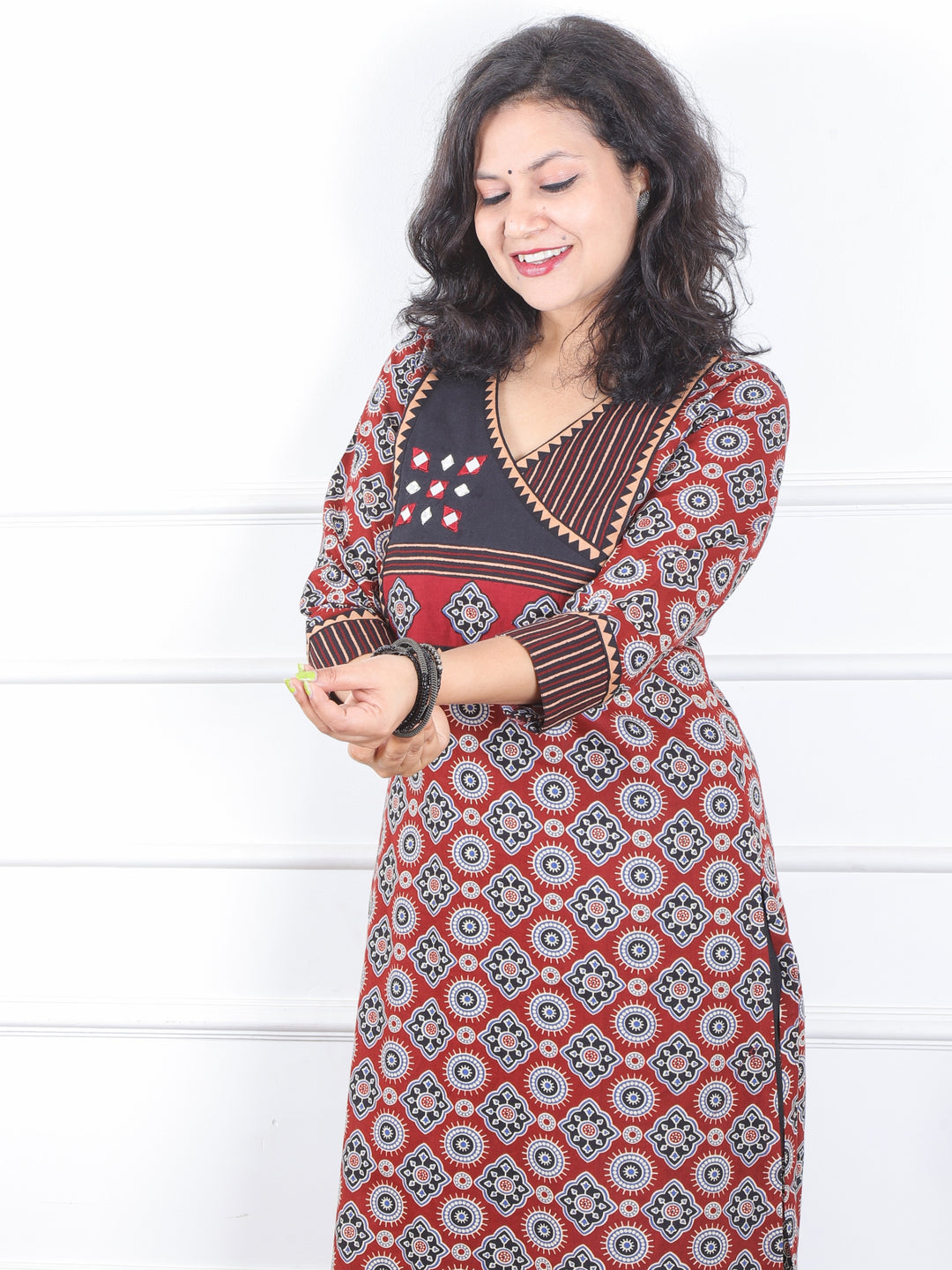 Dilbara Ruby Red Angrakha Neck with Mirror Ajrak Printed Cotton Kurti