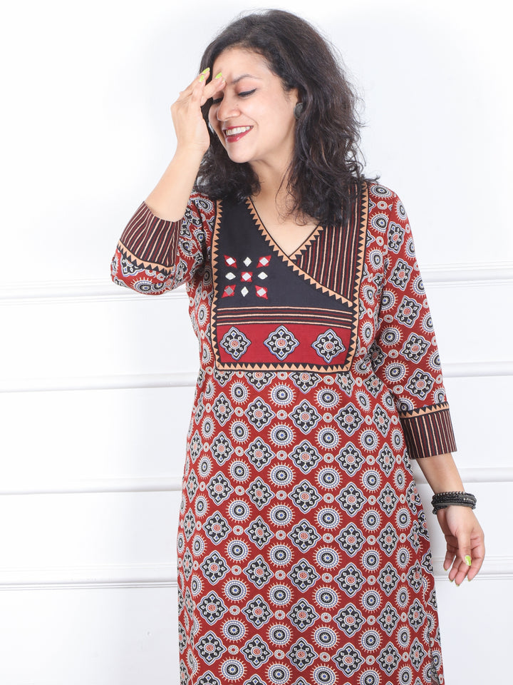 Dilbara Ruby Red Angrakha Neck with Mirror Ajrak Printed Cotton Kurti