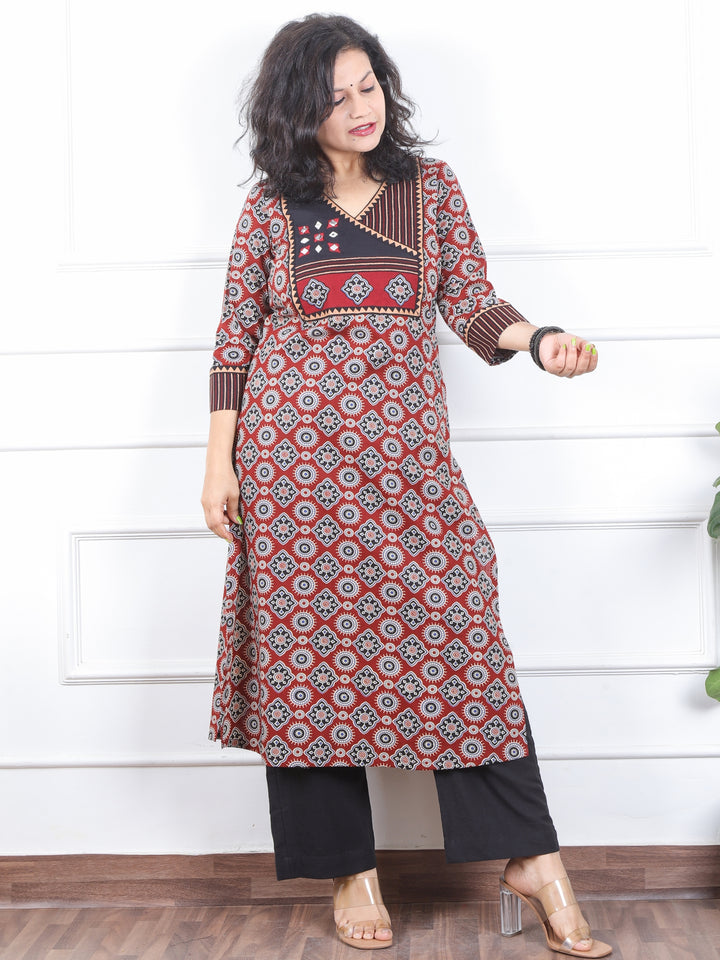 Dilbara Ruby Red Angrakha Neck with Mirror Ajrak Printed Cotton Kurti