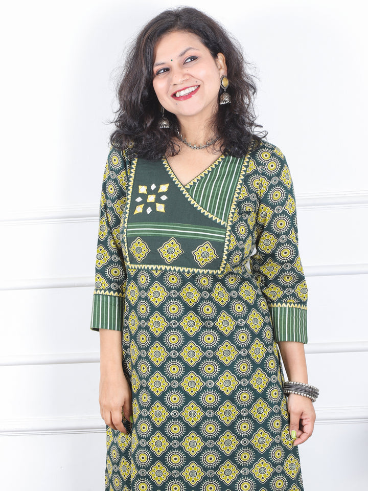 Dilbara Pine Bottle Green Angrakha Neck with Mirror Ajrak Printed Cotton Kurti