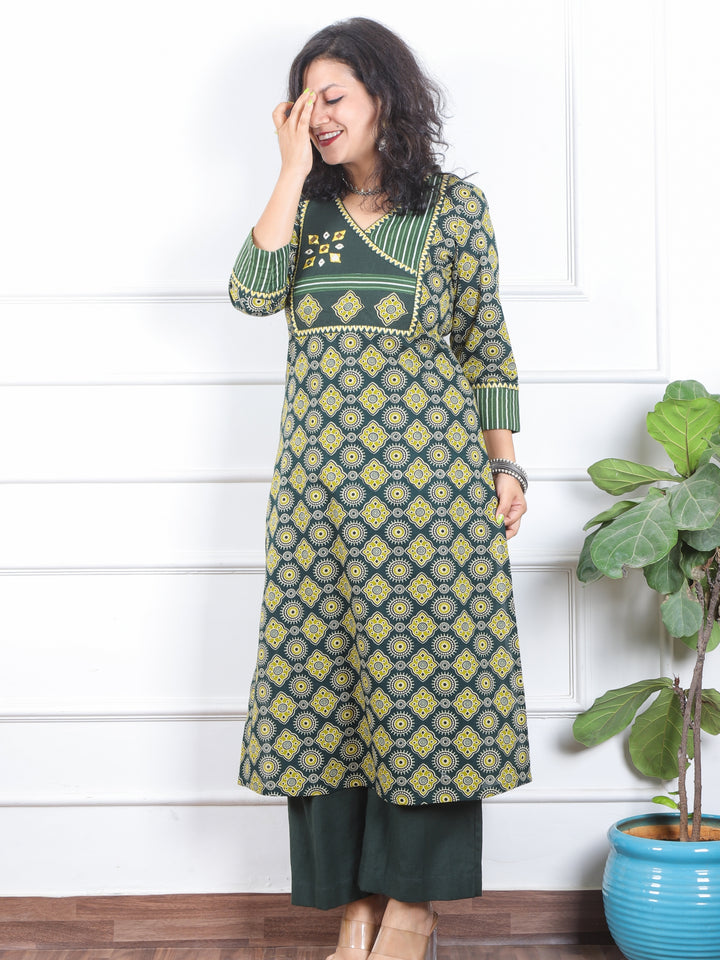 Dilbara Pine Bottle Green Angrakha Neck with Mirror Ajrak Printed Cotton Kurti