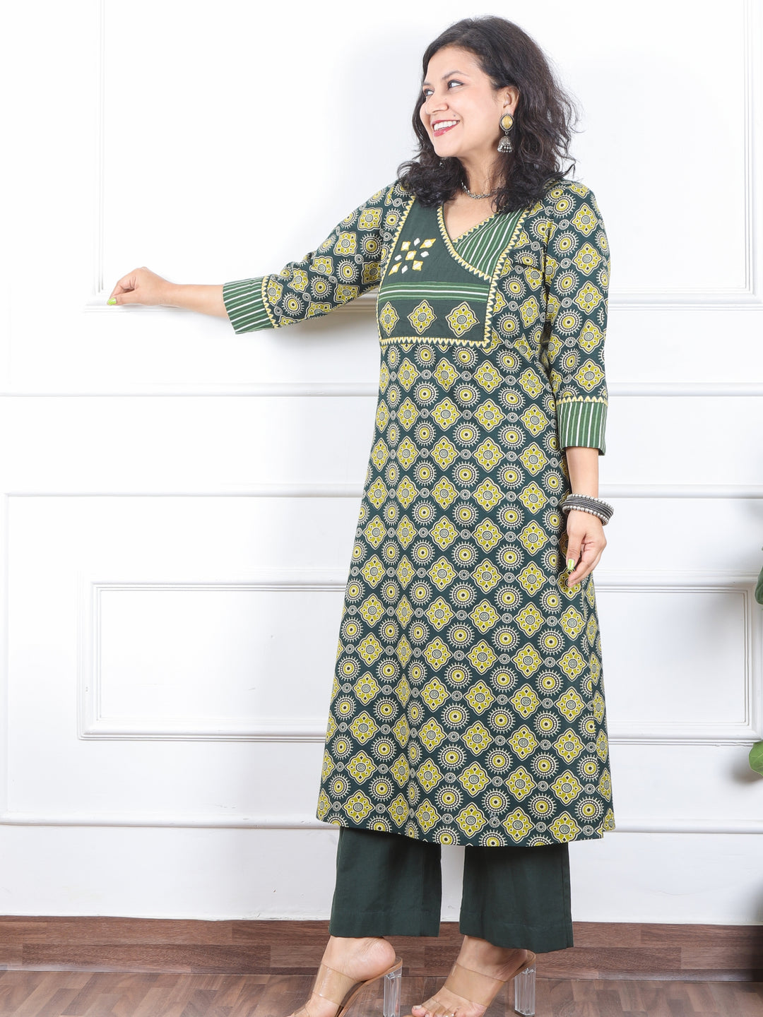 Dilbara Pine Bottle Green Angrakha Neck with Mirror Ajrak Printed Cotton Kurti