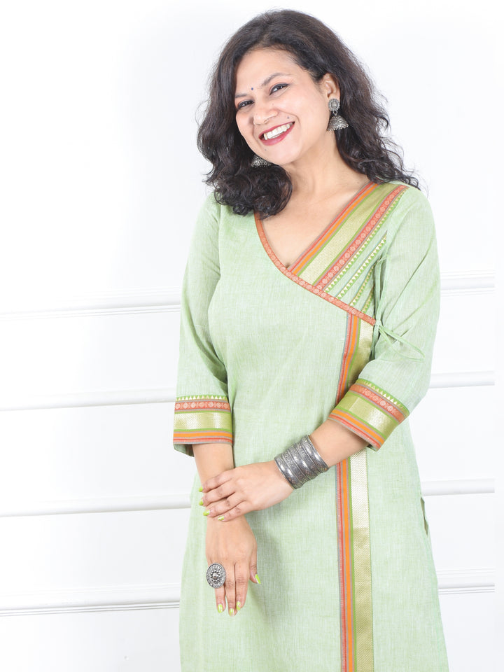 Dilbaar Mint Green Angrakha Long Neck with Lace Work South Cotton Kurti