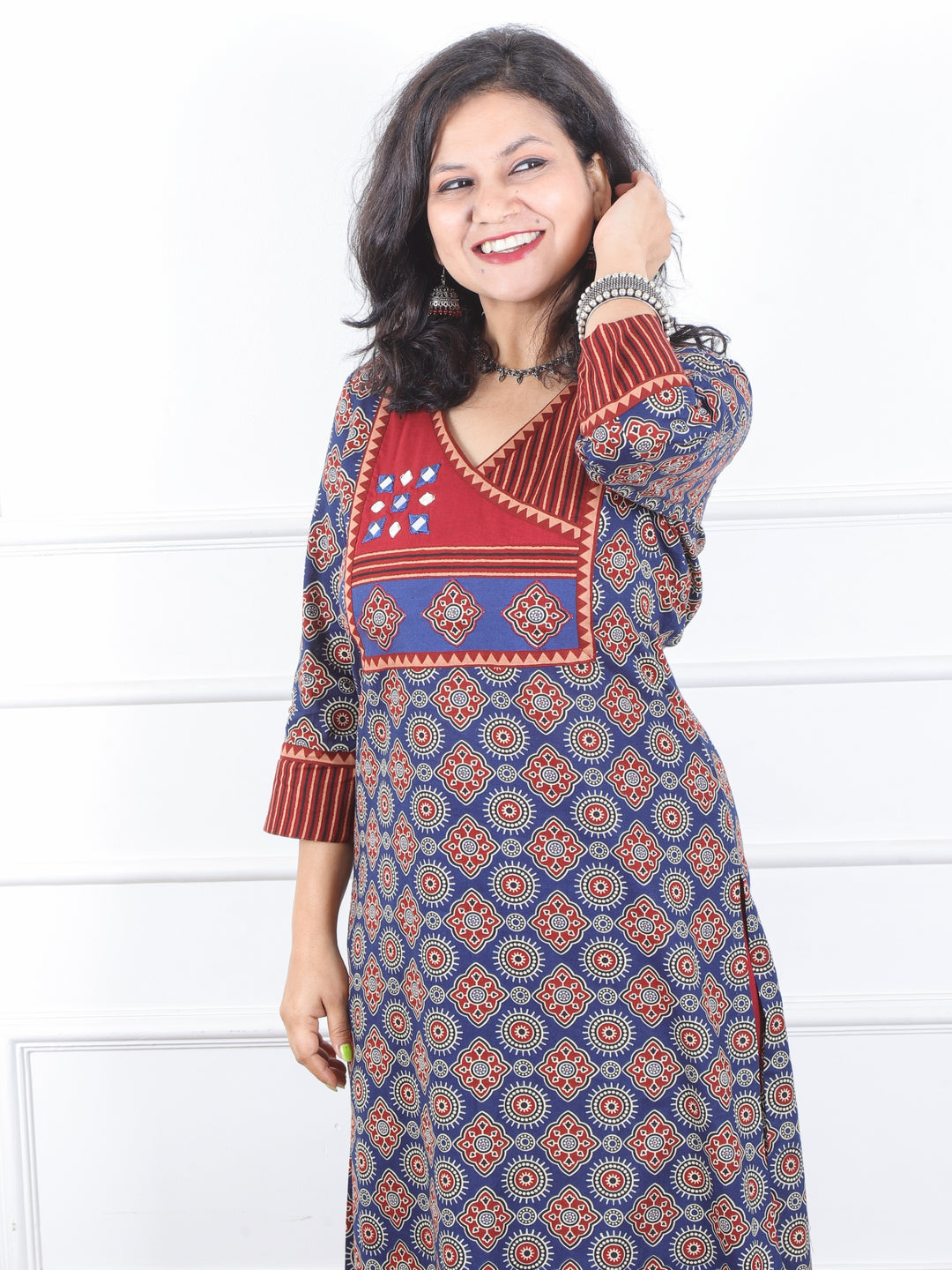 Dilbara Indie Blue Angrakha Neck with Mirror Ajrak Printed Cotton Kurti