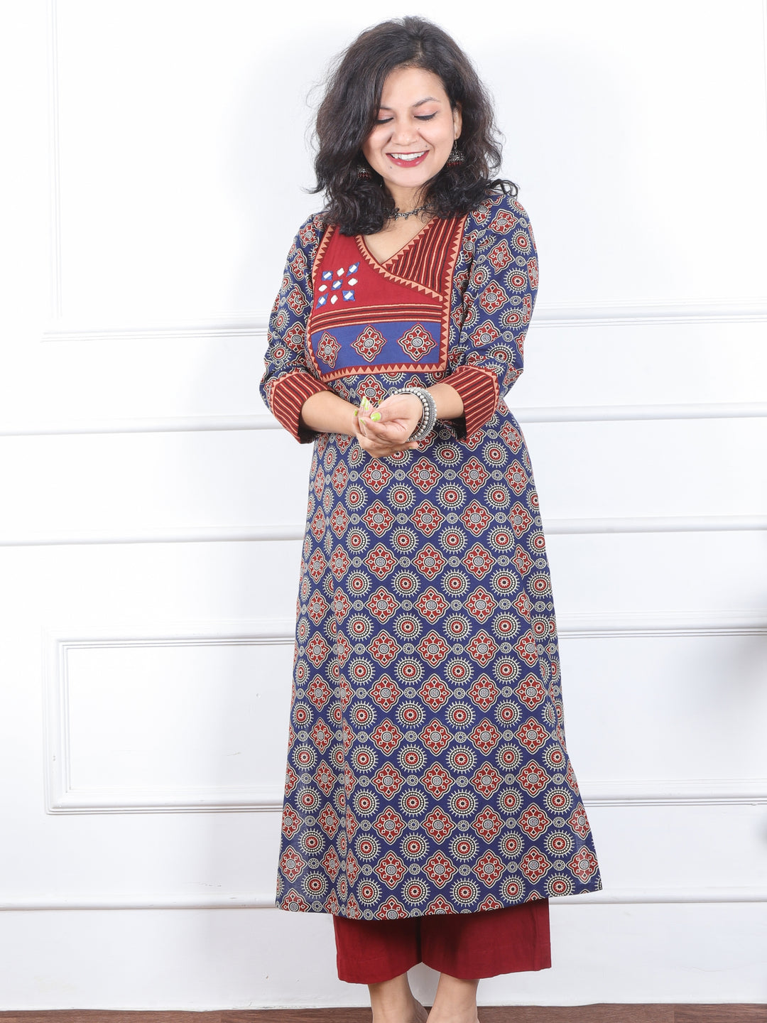 Dilbara Indie Blue Angrakha Neck with Mirror Ajrak Printed Cotton Kurti