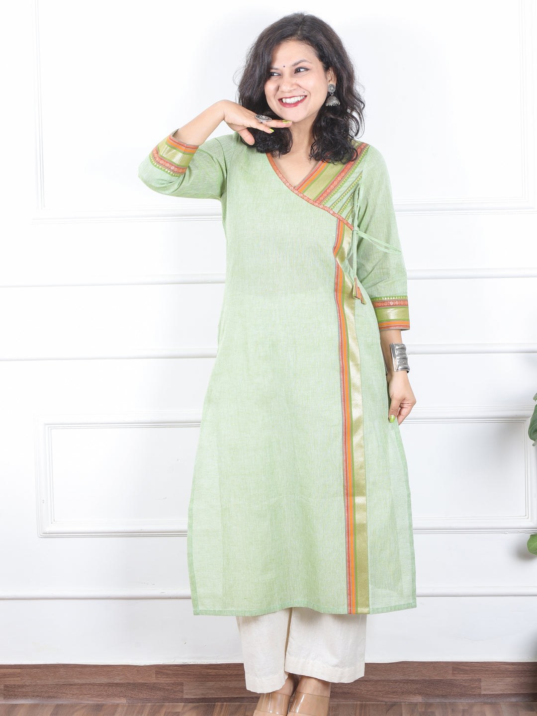 Dilbaar Mint Green Angrakha Long Neck with Lace Work South Cotton Kurti