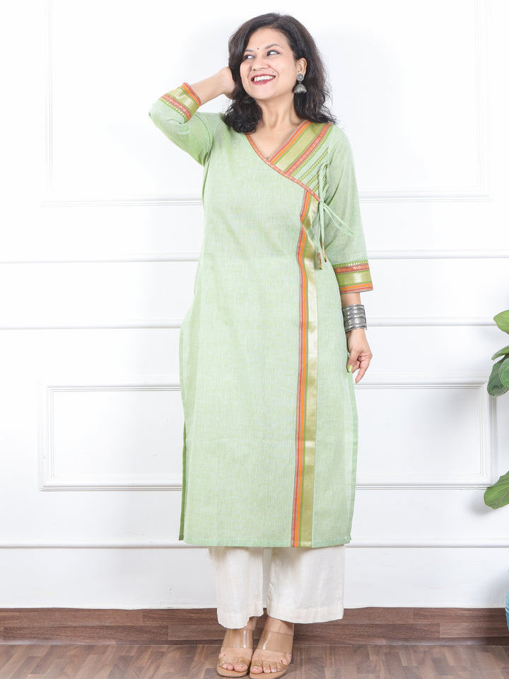 Dilbaar Mint Green Angrakha Long Neck with Lace Work South Cotton Kurti