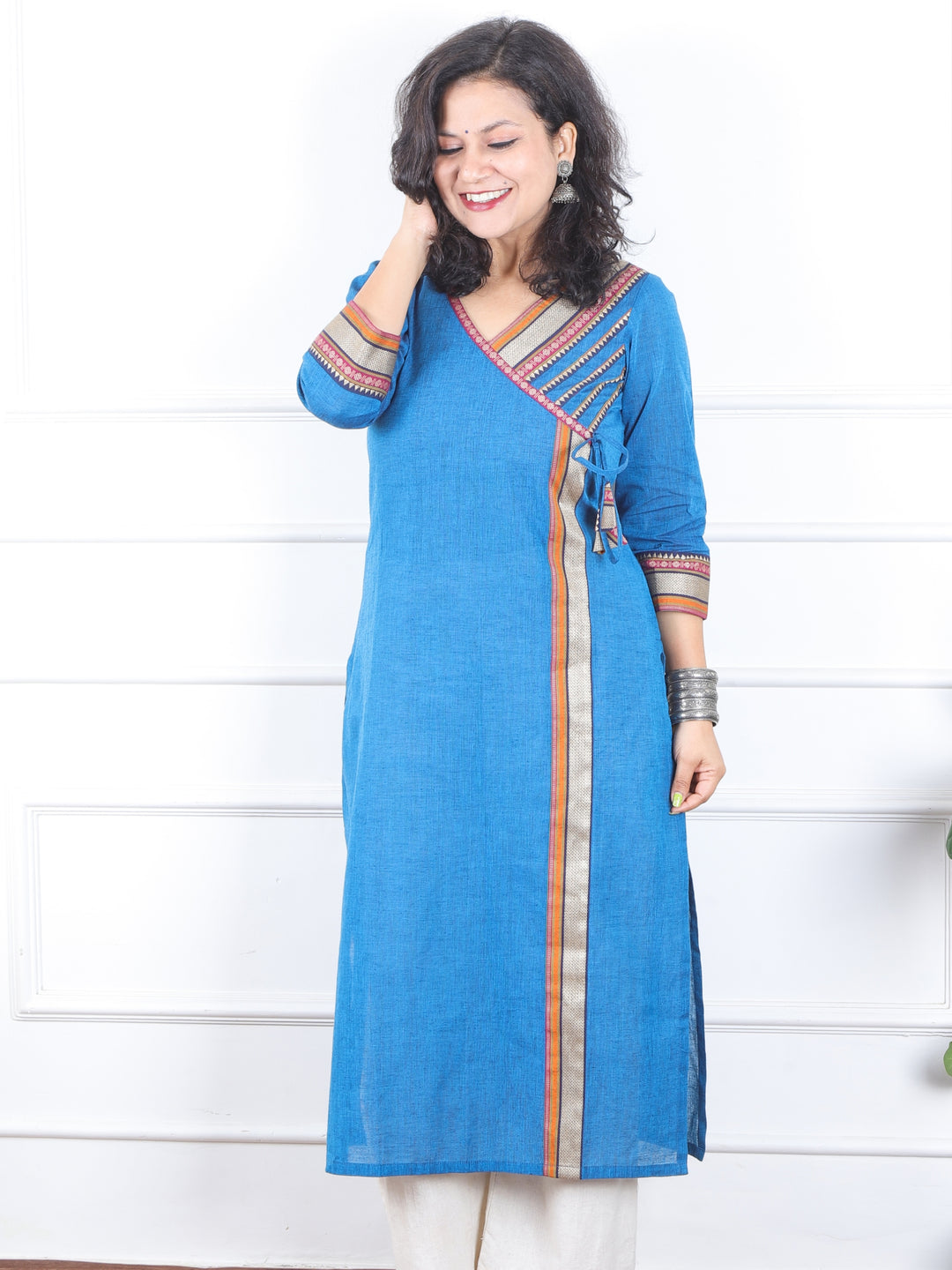 Dilbaar Royal Blue Angrakha Long Neck with Lace Work South Cotton Kurti