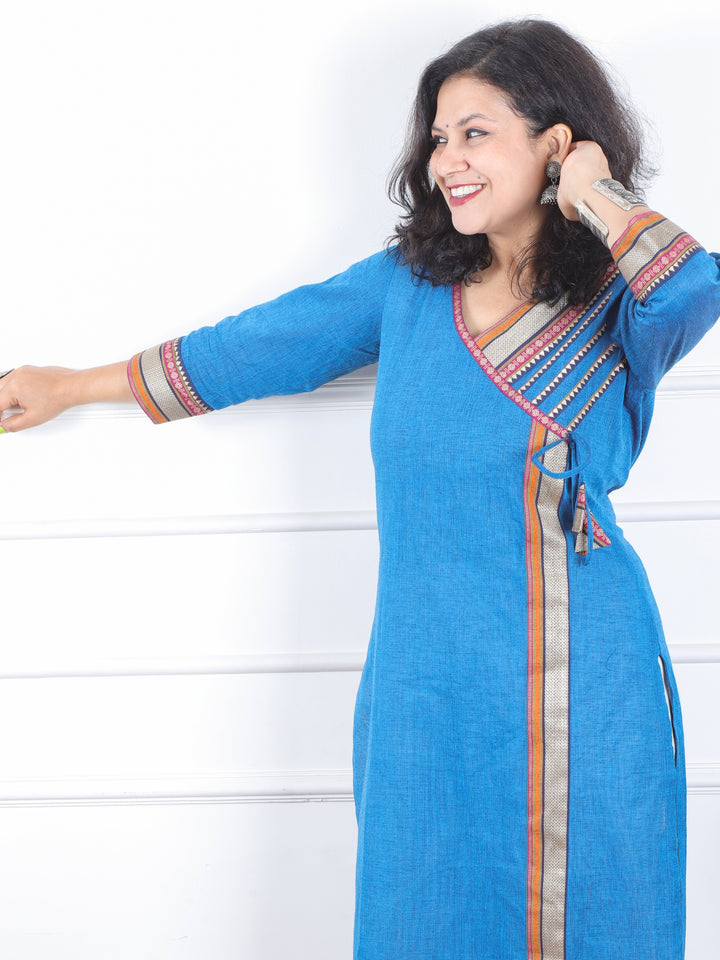 Dilbaar Royal Blue Angrakha Long Neck with Lace Work South Cotton Kurti