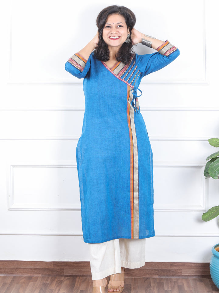 Dilbaar Royal Blue Angrakha Long Neck with Lace Work South Cotton Kurti