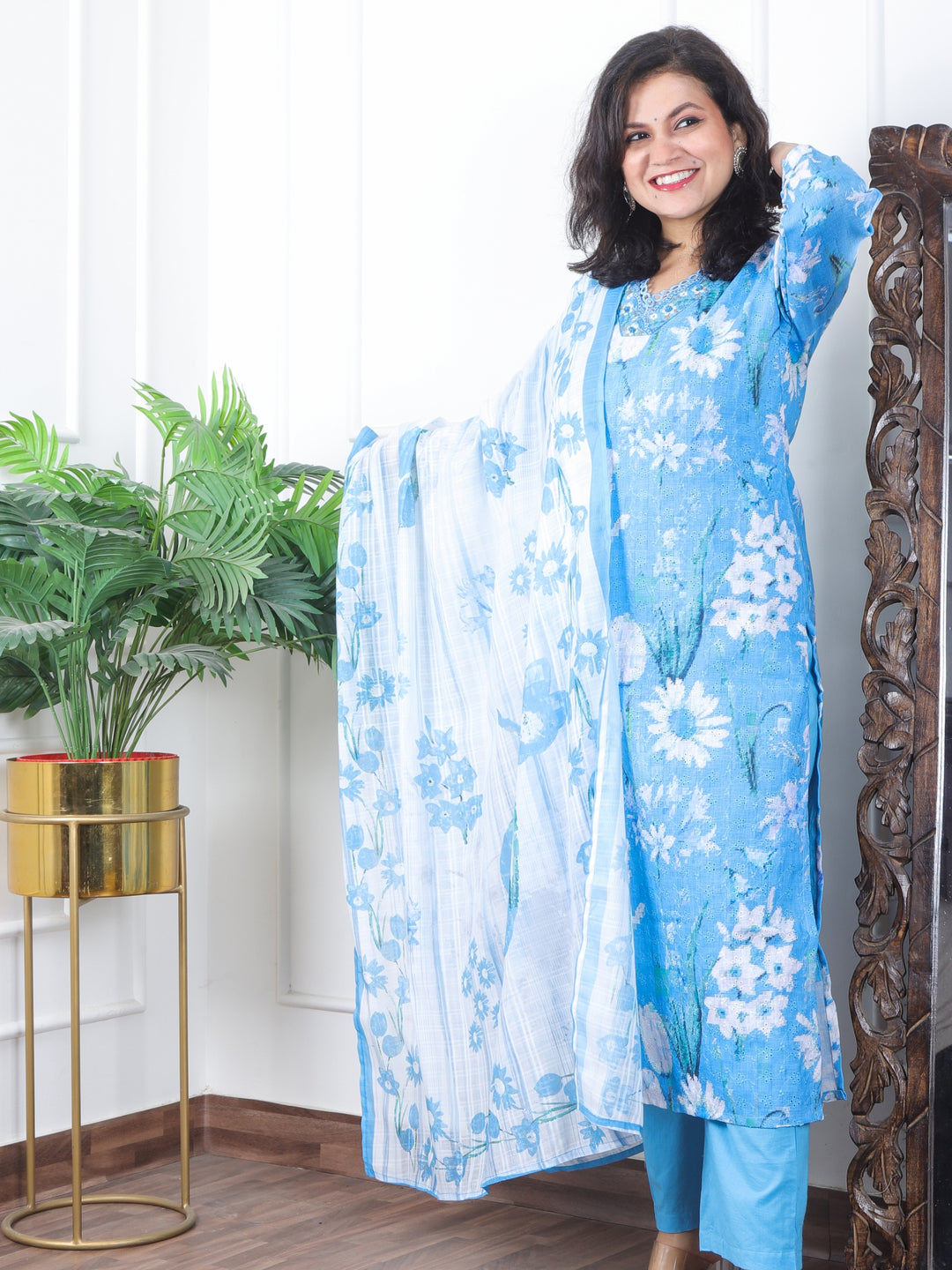 Subhranti Ocean Blue V Neck Lace In Floral Printed Schiffli Cotton 3 Piece Set