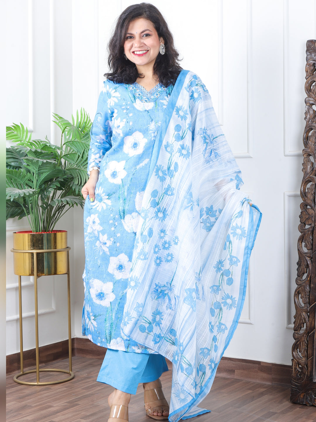 Subhranti Ocean Blue V Neck Lace In Floral Printed Schiffli Cotton 3 Piece Set