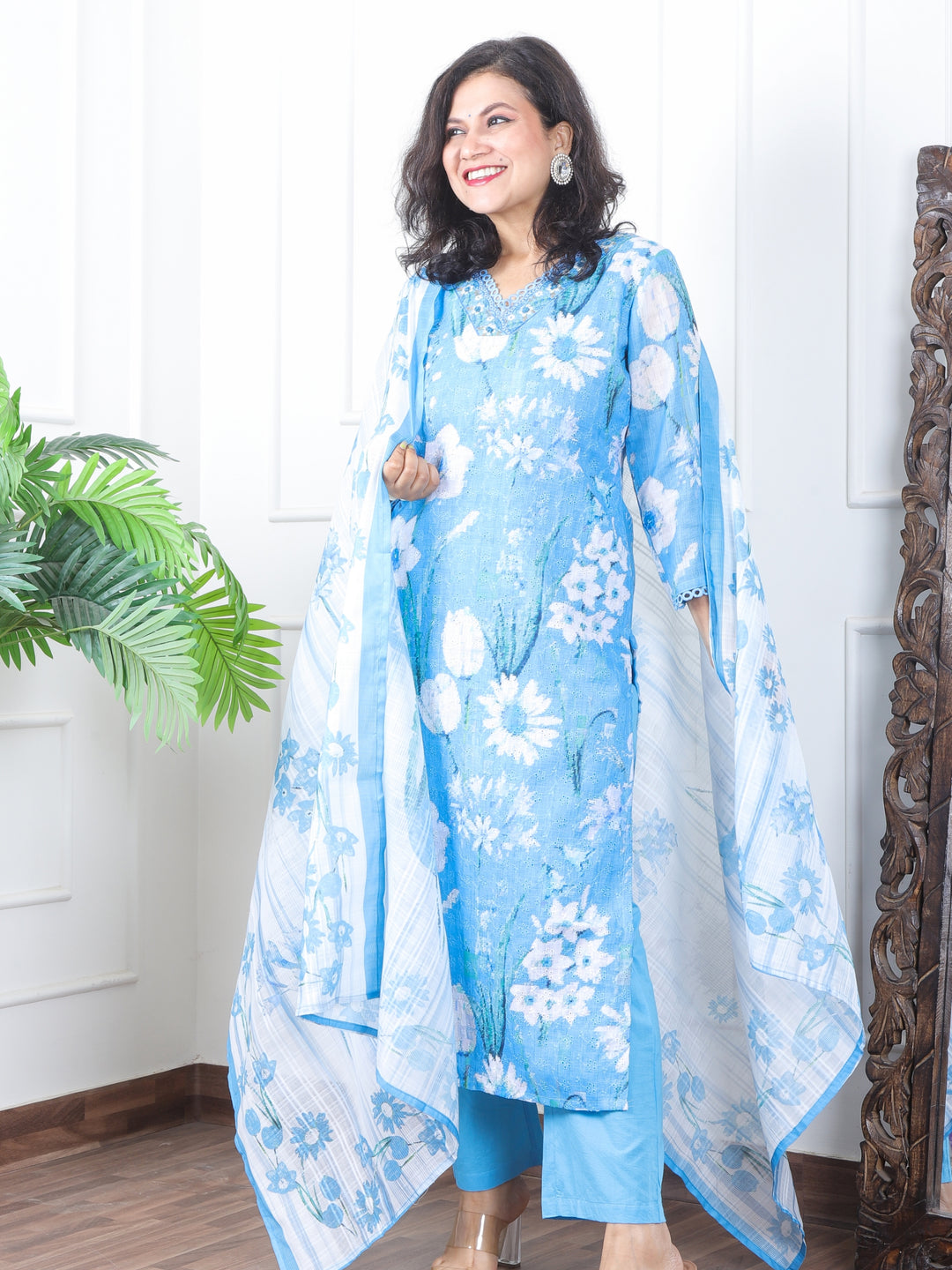 Subhranti Ocean Blue V Neck Lace In Floral Printed Schiffli Cotton 3 Piece Set